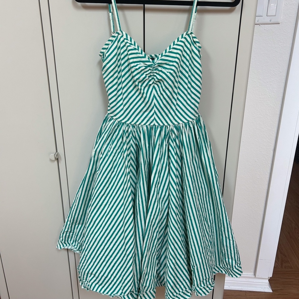 H&M Green striped fit & flare silhouette dress with full skirt - 6, sz S